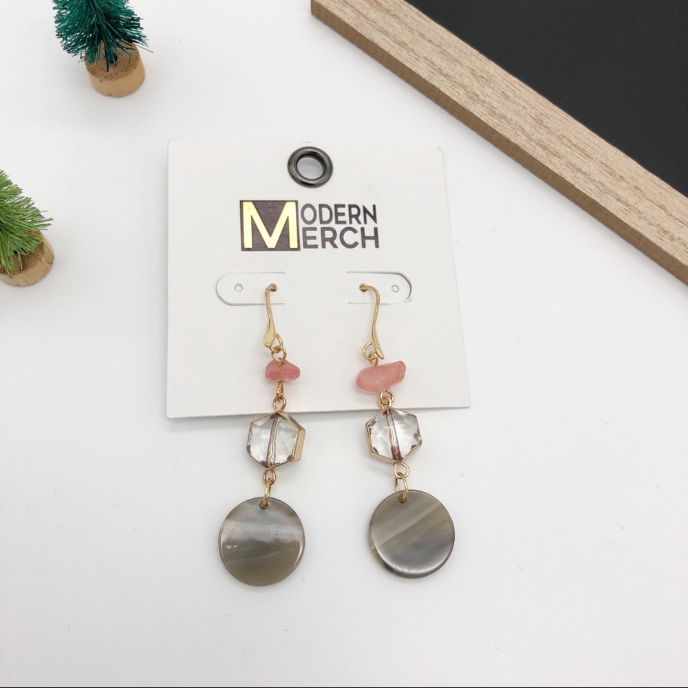 🌵4/25$ Gold Color Fashion Earring Pink Gray Stone - Picture 3 of 5